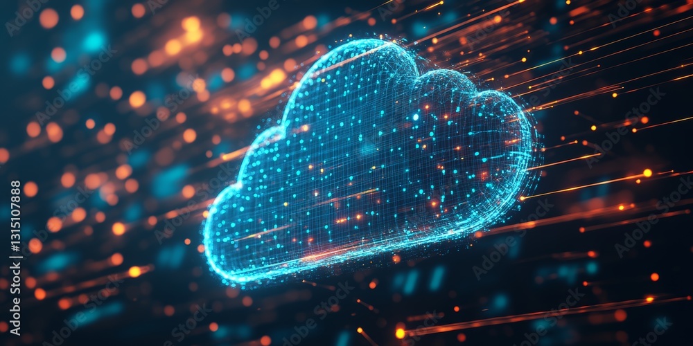 Poster this image showcases a digital cloud symbolizing technology and data transfer. it features a vibrant