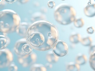 A visually captivating 3D-rendered scene featuring transparent floating bubbles suspended in a soft blue environment.