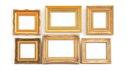 Collection of ornate golden picture frames on a white wall, mock-up , art