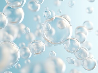 A visually captivating 3D-rendered scene featuring transparent floating bubbles suspended in a soft blue environment.