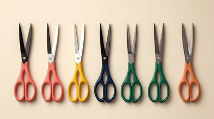 Eight pairs of colorful scissors arranged in a row on a beige background.