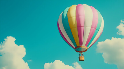 Fototapeta premium Colorful hot air balloon soaring above fluffy clouds, sunny sky background; ideal for travel, adventure, freedom concepts