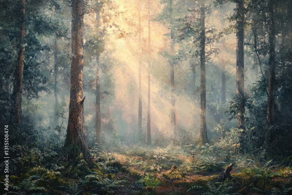 Poster Sunlit path through a mystical forest, tall trees shrouded in morning mist, creating an enchanting scene.