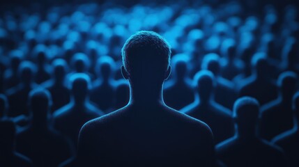 Fototapeta premium Man facing large crowd, back view, blue light.