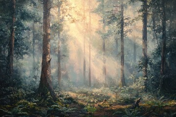 Obraz premium Sunlit path through a mystical forest, tall trees shrouded in morning mist, creating an enchanting scene.