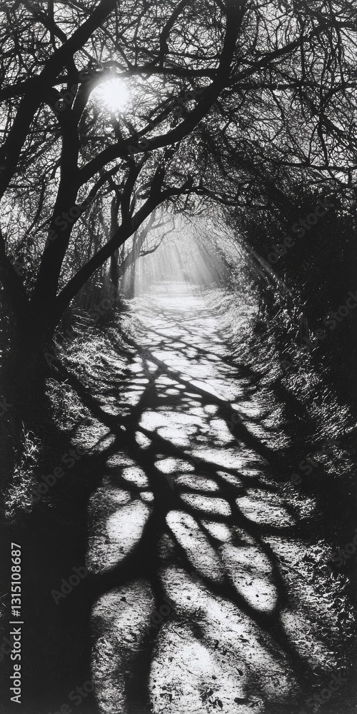 Aufkleber a black and white photo of a path through a forest with the sun shining through the trees. the shado