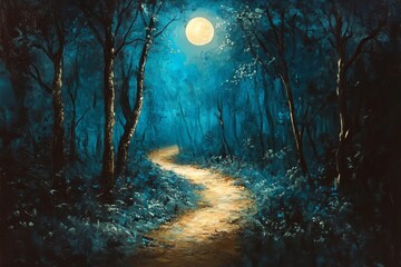 Obraz premium A serene forest scene featuring a winding path illuminated by moonlight. The mystical blue tones create an enchanting atmosphere, perfect for exploring nature's beauty.