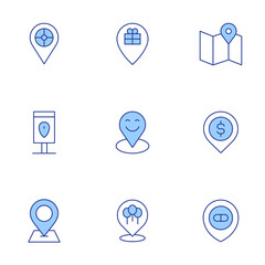 Location icons set. Line Duotone style, editable stroke. locate, money, pharmacy, map, location, gift, maps and location