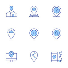 Location icons set. Line Duotone style, editable stroke. location pin, location mark, sun, share, location