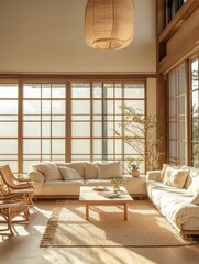 A sunlit room with contemporary Japanese style furniture