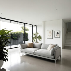 Living bed room in a bright modern house open floor plan minimalist style decoration white background  