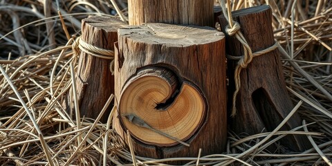 Rustic wooden posts secured with twine, nestled amongst dried vegetation, showcasing the weathered texture and intricate grain patterns of the wood.