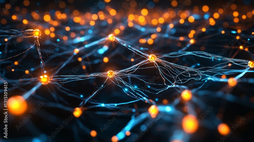 Poster a computer generated image of a network of orange and blue dots. concept of complexity and interconn