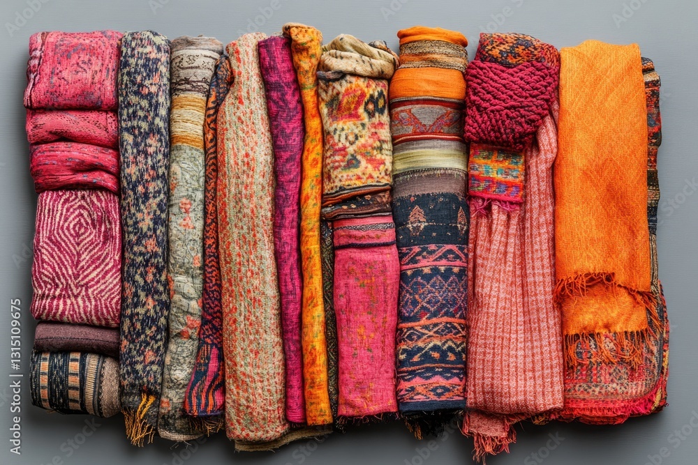 Poster a collection of vibrant, patterned textiles arranged neatly, showcasing rich colors and intricate de