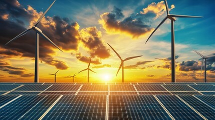 A Breathtaking Sunset Illuminates A Vast Field Of Solar Panels And Wind Turbines, Symbolizing A Bright, Sustainable Energy Future Powered By Natures Gifts
