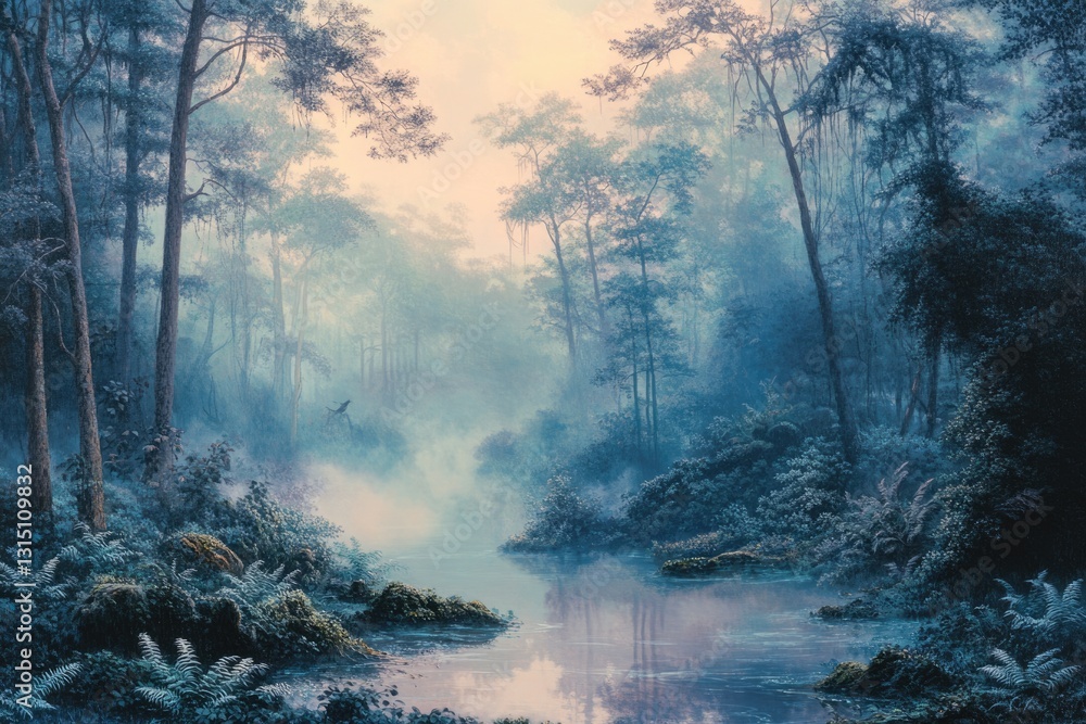 Poster serene misty forest scene with a calm river reflecting the tranquil atmosphere, a bird in flight.