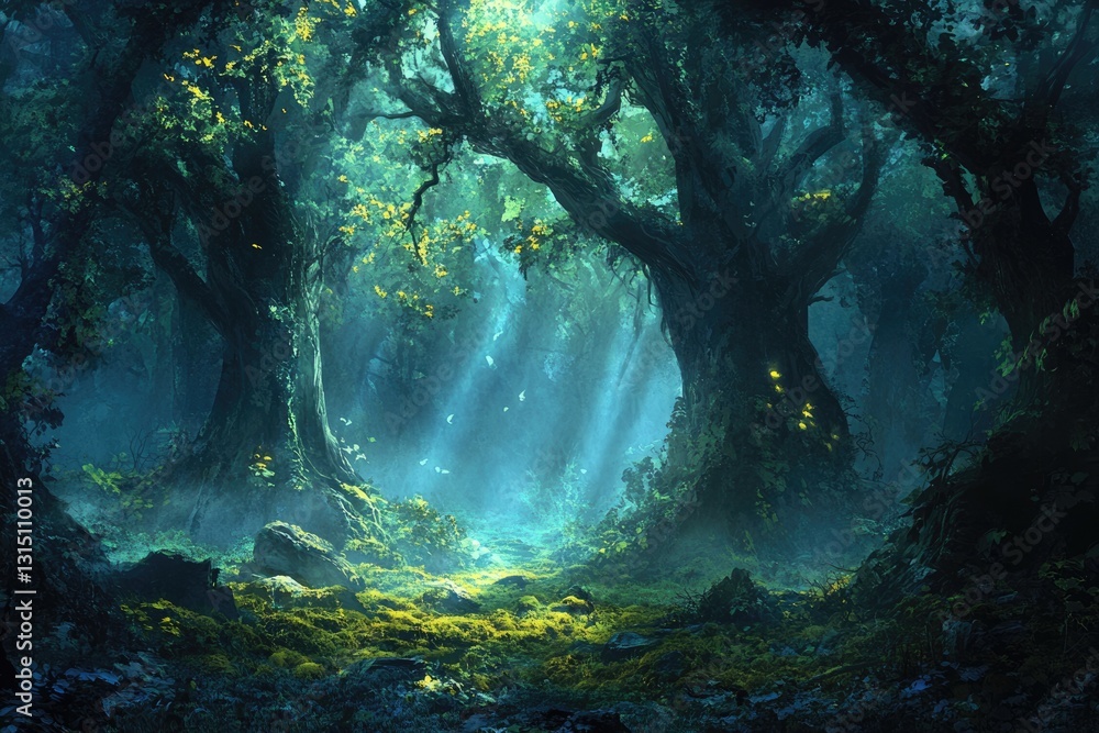 Aufkleber Enchanted forest path bathed in ethereal light, ancient trees stand tall, creating a magical atmosphere.