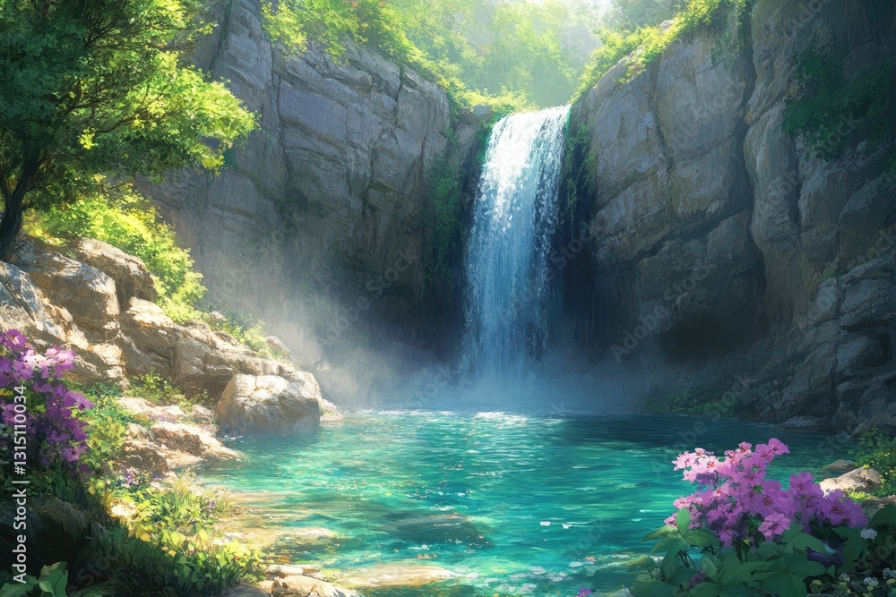 Poster serene waterfall cascading into a crystal-clear pool surrounded by lush greenery and rocky cliffs.