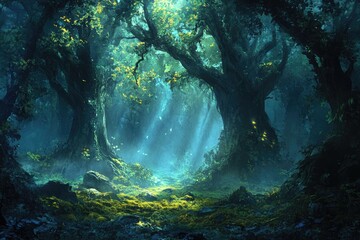Obraz premium Enchanted forest path bathed in ethereal light, ancient trees stand tall, creating a magical atmosphere.
