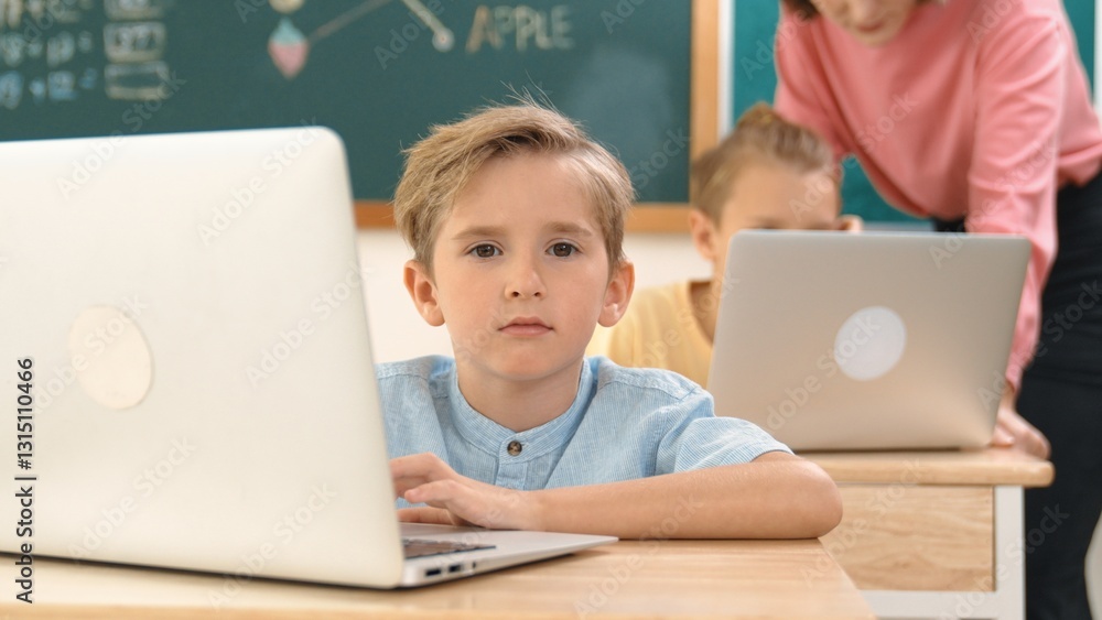 Poster attractive caucasian boy looking at camera while studying math at school. diverse cute student doing