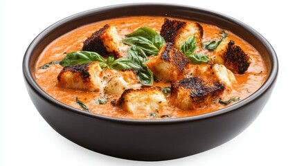 Fototapeta premium A bowl of creamy tomato basil soup with grilled cheese croutons on a white isolated background