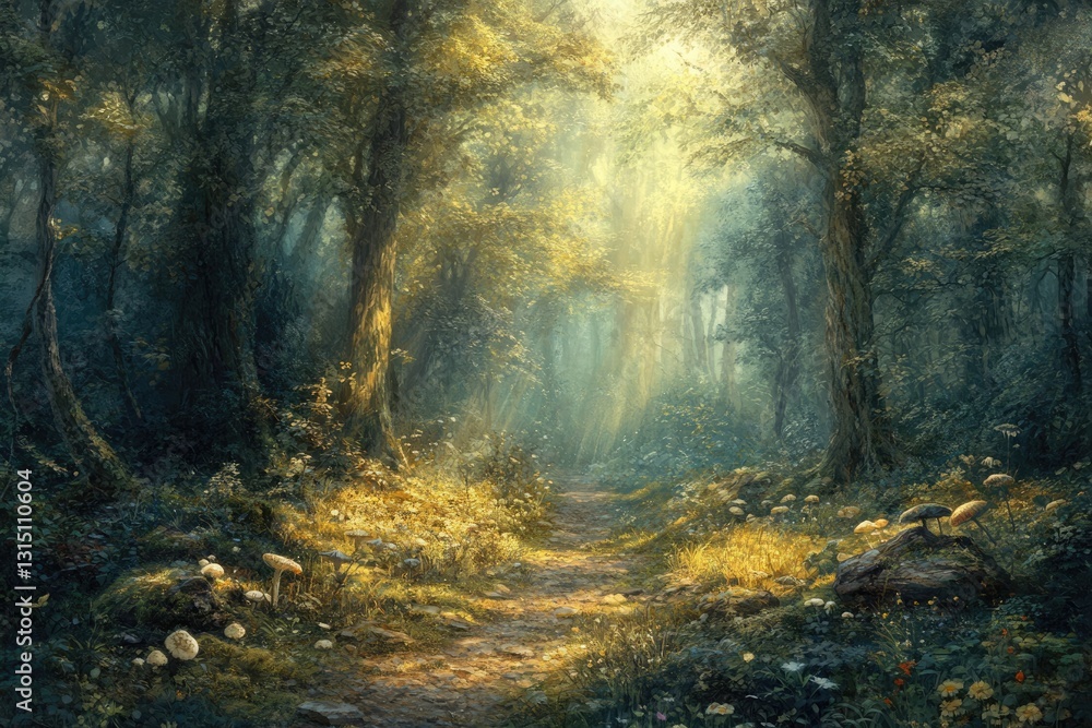 Poster sunlit path winds through a mystical forest, dappled light illuminating mushrooms and lush greenery.