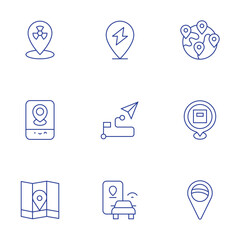 Location icons set. Thin Line style, editable stroke. locations, location pin, placeholder, map, location, map location