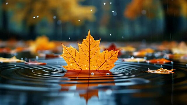 Autumn leaf on water, rain, ripples, nature scene, tranquil, fall, image for background, wallpaper, seasonal