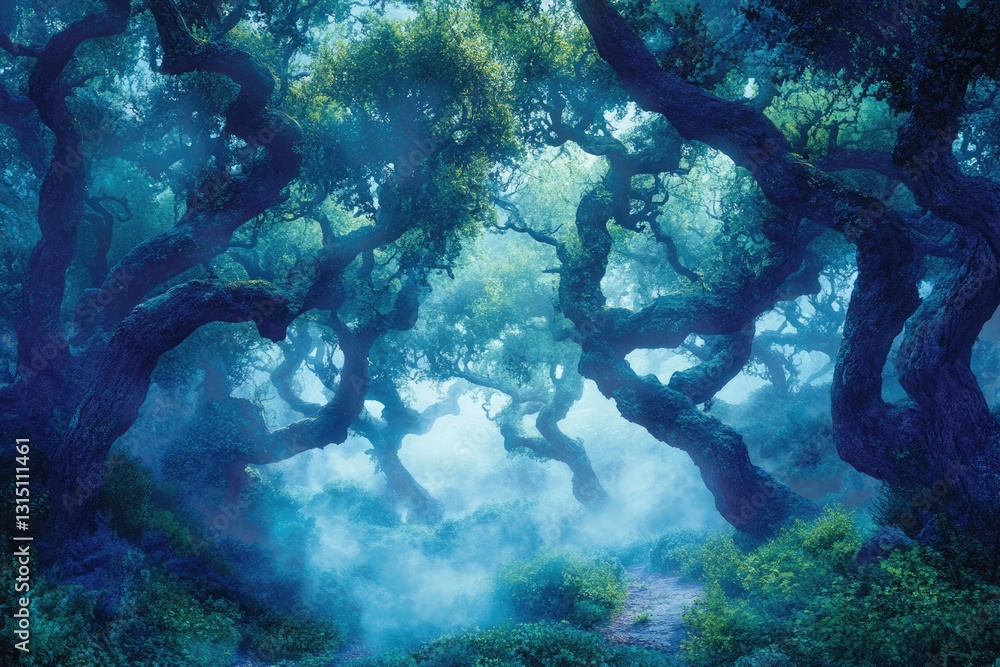 Poster enchanted forest path shrouded in ethereal blue mist, ancient trees twisting in mystical allure.