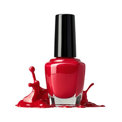 Opened Nail Polish Bottle with Glossy Red Liquid Spill Isolated on Transparent Background.