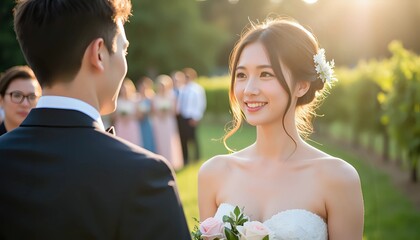 Beautiful asian bride smiling at groom during outdoor wedding ceremony