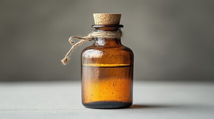 Amber glass bottle with cork stopper on a light gray surface