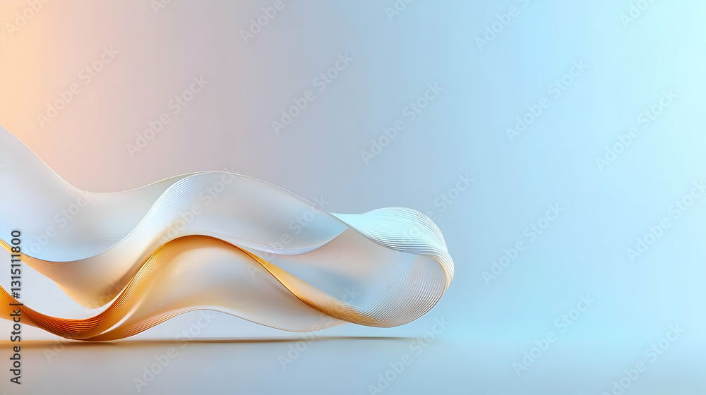 Poster abstract 3d render of flowing gold and white shapes on a gradient pastel background