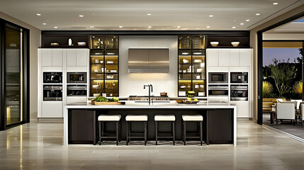 Modern luxury kitchen island, sunset view, open plan home design, interior design inspiration