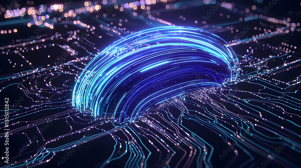 Poster blue glowing digital circuitry with abstract data flow