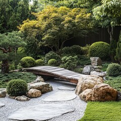 Obraz premium A wooden bridge leads into a beautiful green garden