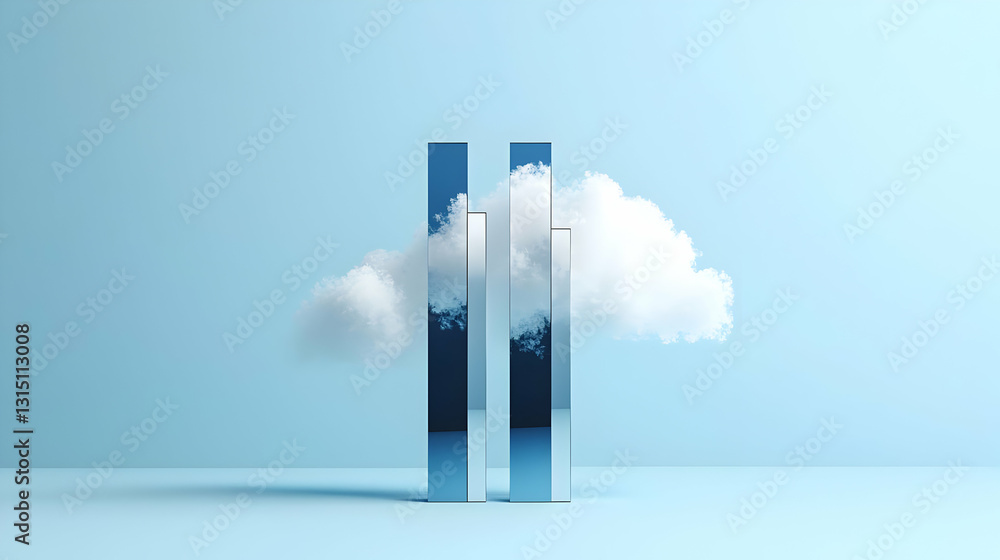 Aufkleber three reflective metallic vertical rectangular bars with a fluffy white cloud on a soft blue backgro