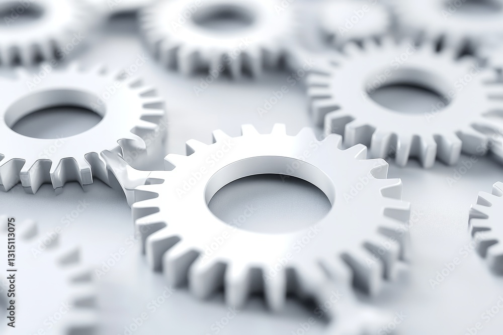 Poster this image features a close-up view of interlocking white gears on a soft textured background, illus