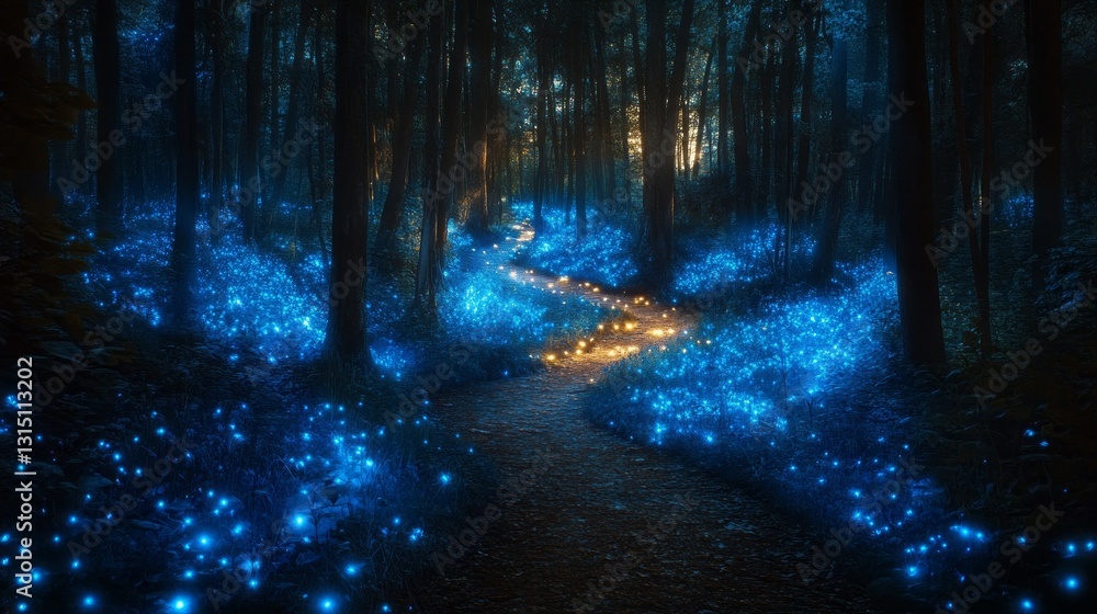 Poster a winding path leads through a dense forest, as vibrant blue lights dot the ground like stars. the s