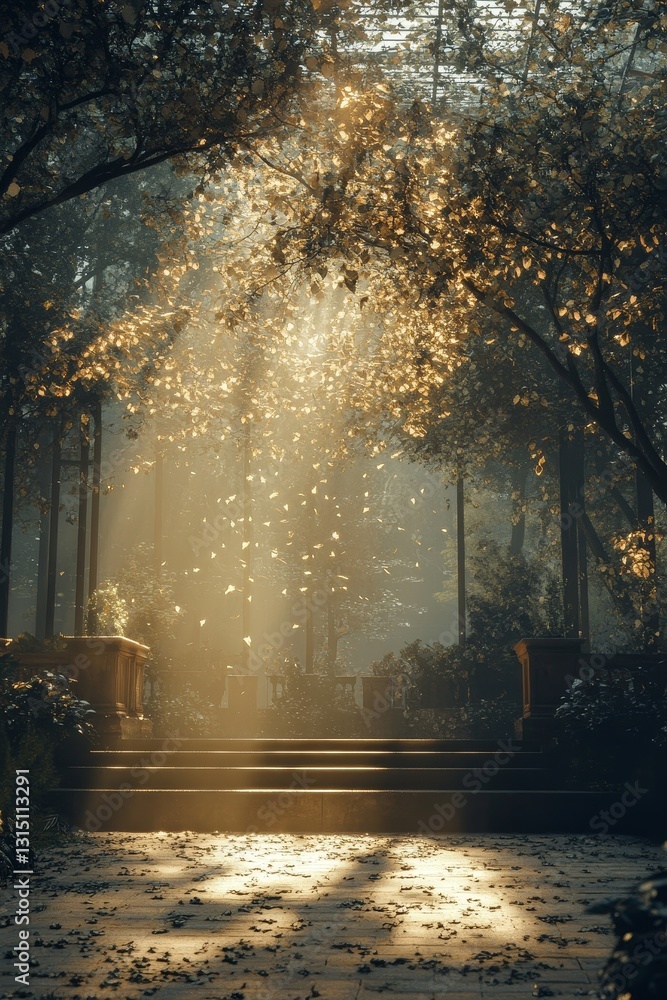 Poster a breathtaking scene of sunlight filtering through autumn leaves in a tranquil forest setting. this 