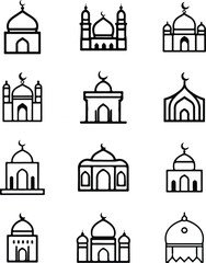 Black and White  Mosque Icon Set | Vector Outline and Minimalist Mosque Illustrations for Ramadan and Eid