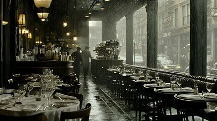 Rainy day cafe, city street view, diners inside, vintage ambiance, restaurant promotion