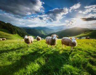 Obraz premium Un paisaje que representa ovejas pastando pacíficamente en un prado verde vibrante, que simboliza la conexión duradera entre humanos y animales en la vida rural, realista, 4k