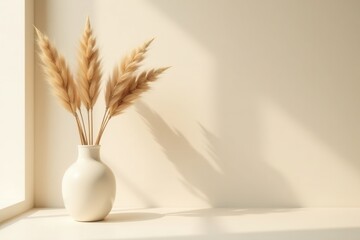 Serene Minimalist Home Decor Dried Pampas Grass in a Simple White Vase, Bathed in Soft Sunlight
