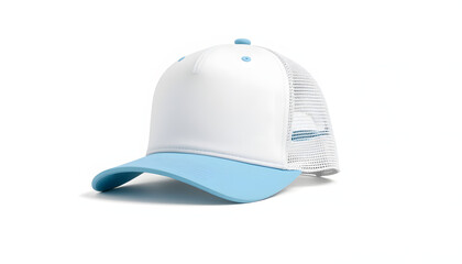 Trucker cap, snapback, light blue with white front, light blue mesh. Isolated on white. Mock-up for branding. with white shades