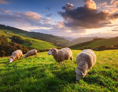 Un paisaje que representa ovejas pastando pac&iacute;ficamente en un prado verde vibrante, que simboliza la conexi&oacute;n duradera entre humanos y animales en la vida rural, realista, 4k
