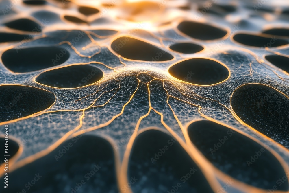Poster this abstract image showcases a close-up view of an organic cellular structure, featuring glowing pa