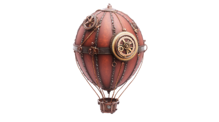 Easter egg designed with a steampunk hot air balloon theme, featuring tiny gears and ropes, isolated on white background --ar 16:9