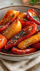 Roasted sweet mini peppers seasoned with herbs and sesame seeds in a bowl