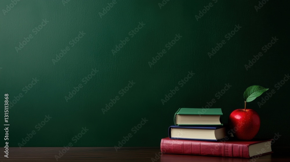 Poster a green wall with a red apple on top of a stack of books